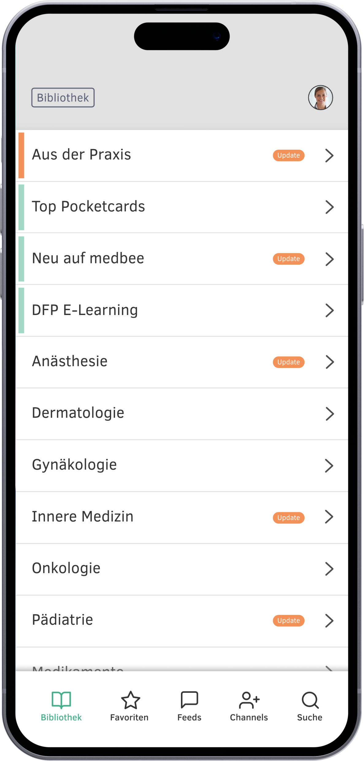 Darstellung Interface medbee Bibliothek auf Smartphone.